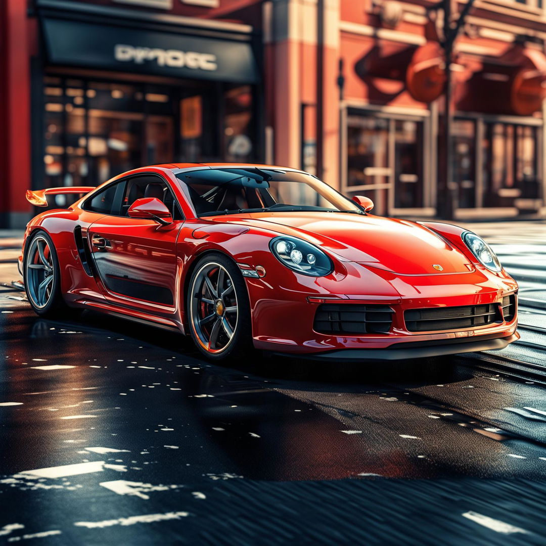 The image is a high-quality, digital art depiction of a red Porsche sports car