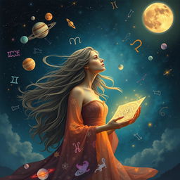 A mystical and ethereal scene depicting a woman with flowing hair, surrounded by the zodiac signs and celestial elements such as planets and stars