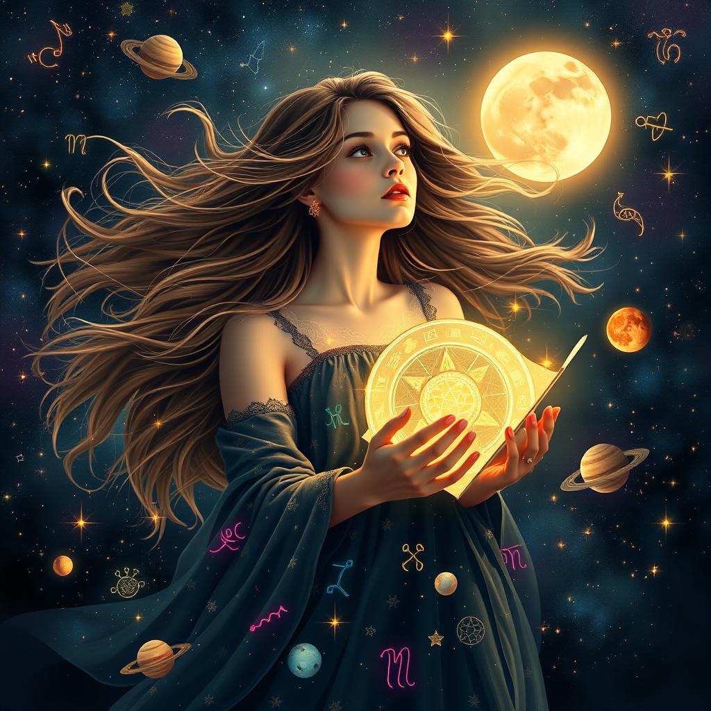 A mystical and ethereal scene depicting a woman with flowing hair, surrounded by the zodiac signs and celestial elements such as planets and stars