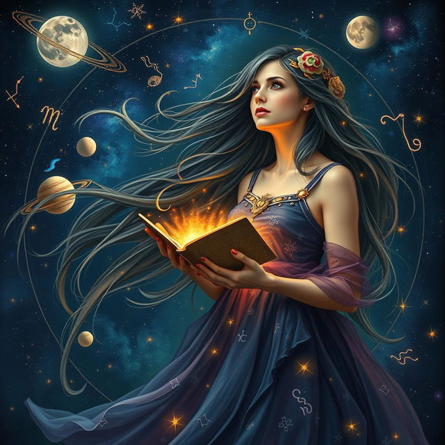 A mystical and ethereal scene depicting a woman with flowing hair, surrounded by the zodiac signs and celestial elements such as planets and stars