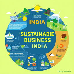 A visually appealing and informative poster about sustainable business practices in India, showcasing diverse and impactful methods businesses are using to operate sustainably