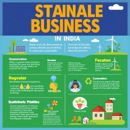 A visually appealing and informative poster about sustainable business practices in India, showcasing diverse and impactful methods businesses are using to operate sustainably