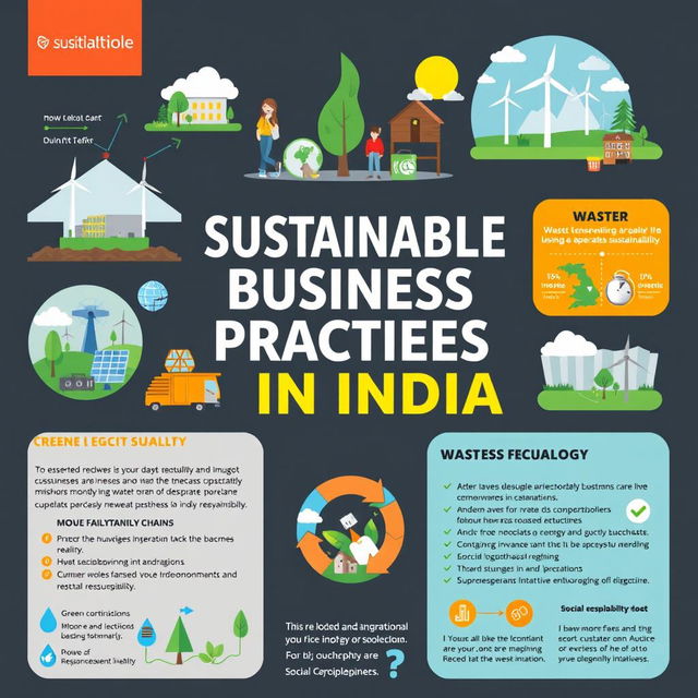 A visually appealing and informative poster about sustainable business practices in India, showcasing diverse and impactful methods businesses are using to operate sustainably