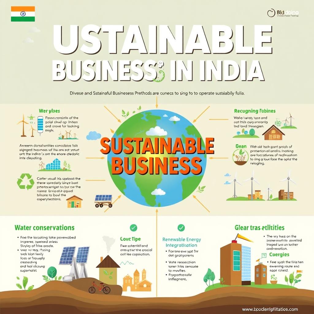 A visually appealing and informative poster about sustainable business practices in India, showcasing diverse and impactful methods businesses are using to operate sustainably