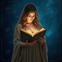 A woman is gracefully holding an ancient grimoire, surrounded by symbolic representations of the zodiac signs and planetary symbols