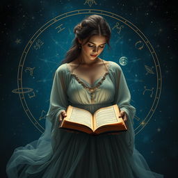 A woman is gracefully holding an ancient grimoire, surrounded by symbolic representations of the zodiac signs and planetary symbols