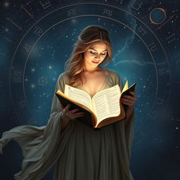A woman is gracefully holding an ancient grimoire, surrounded by symbolic representations of the zodiac signs and planetary symbols
