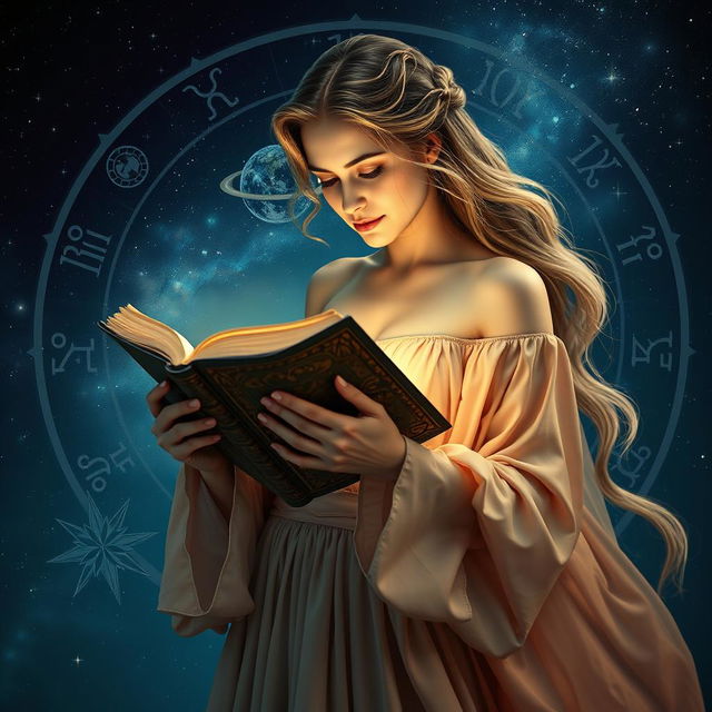 A woman is gracefully holding an ancient grimoire, surrounded by symbolic representations of the zodiac signs and planetary symbols