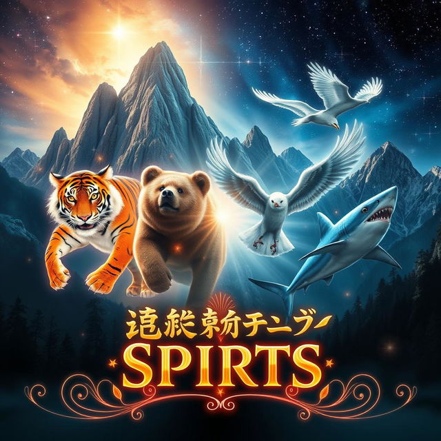 A mystical movie poster depicting a fantasy magical realm with four majestic spirits: a powerful tiger spirit, a fierce bear spirit, an elegant eagle spirit, and a swift shark spirit