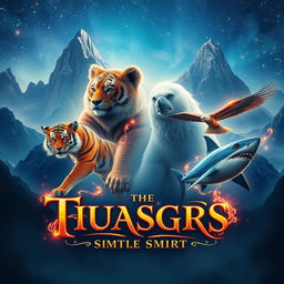 A mystical movie poster depicting a fantasy magical realm with four majestic spirits: a powerful tiger spirit, a fierce bear spirit, an elegant eagle spirit, and a swift shark spirit