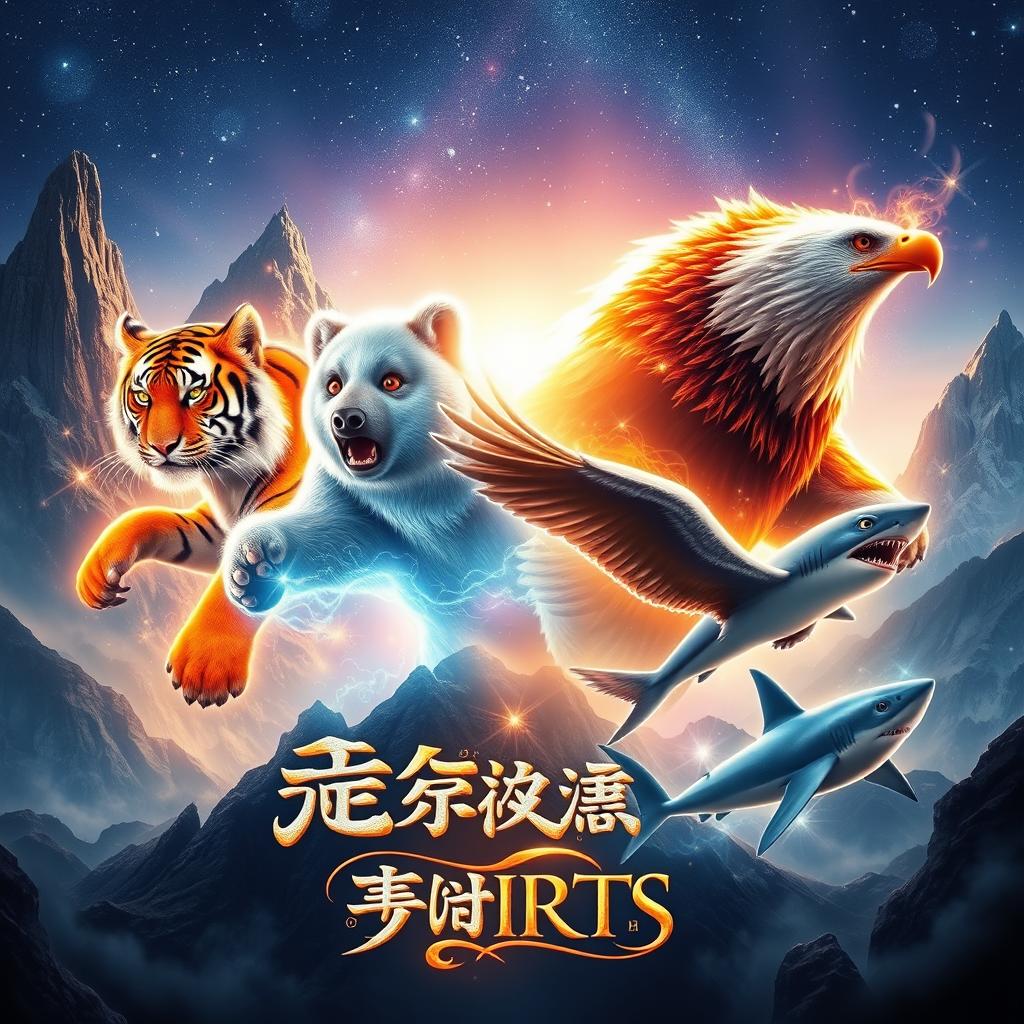 A mystical movie poster depicting a fantasy magical realm with four majestic spirits: a powerful tiger spirit, a fierce bear spirit, an elegant eagle spirit, and a swift shark spirit