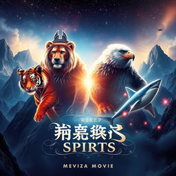 A mystical movie poster depicting a fantasy magical realm with four majestic spirits: a powerful tiger spirit, a fierce bear spirit, an elegant eagle spirit, and a swift shark spirit