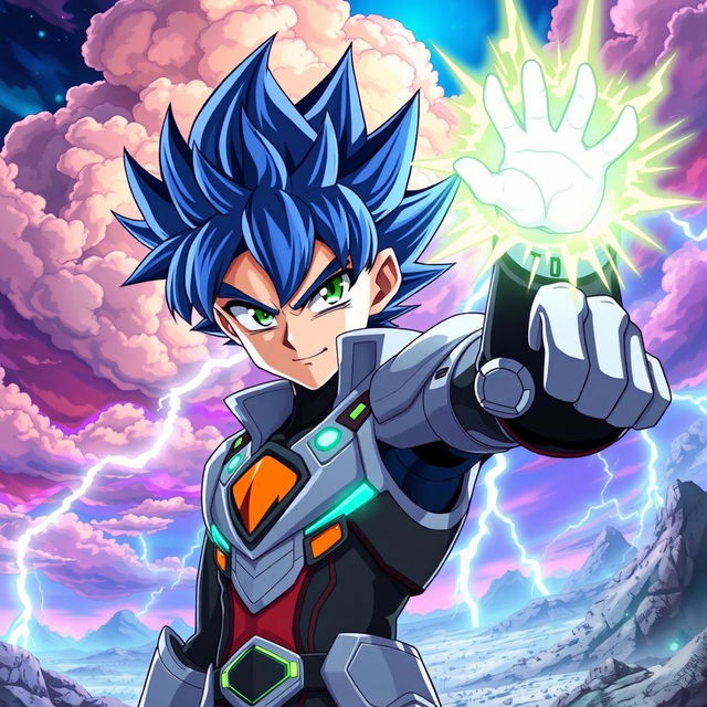 An anime boy character showcasing impressive power, featuring a dynamic pose that exudes confidence and strength