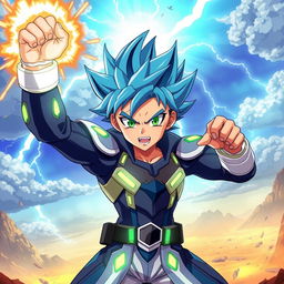An anime boy character showcasing impressive power, featuring a dynamic pose that exudes confidence and strength