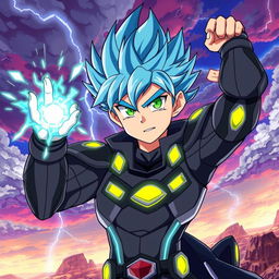 An anime boy character showcasing impressive power, featuring a dynamic pose that exudes confidence and strength