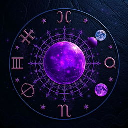 A celestial-themed image representing the zodiac signs, featuring astrological symbols and planets in a captivating blend of violet and black colors
