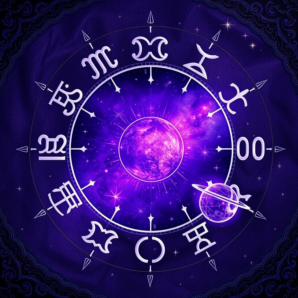 A celestial-themed image representing the zodiac signs, featuring astrological symbols and planets in a captivating blend of violet and black colors