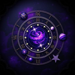 A celestial-themed image representing the zodiac signs, featuring astrological symbols and planets in a captivating blend of violet and black colors