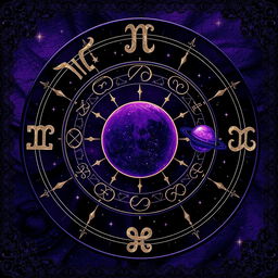 A celestial-themed image representing the zodiac signs, featuring astrological symbols and planets in a captivating blend of violet and black colors