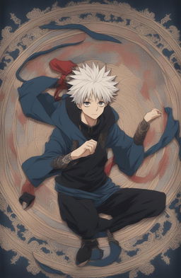 This 32k HD photograph captures a textured hoopwheel featuring an intricately embroidered scene from the anime Jujutsu Kaisen