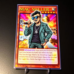A mystical Yu-Gi-Oh card featuring Mac Miller as a legendary hip-hop character