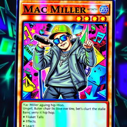 A mystical Yu-Gi-Oh card featuring Mac Miller as a legendary hip-hop character