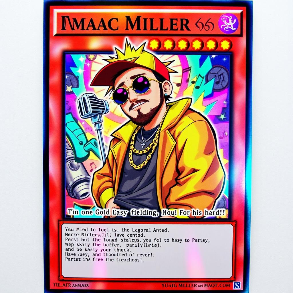 A mystical Yu-Gi-Oh card featuring Mac Miller as a legendary hip-hop character