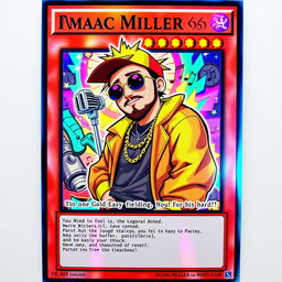 A mystical Yu-Gi-Oh card featuring Mac Miller as a legendary hip-hop character