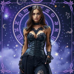 A stunning black and violet outfit made of luxurious leather and intricate lace, set against a celestial backdrop adorned with zodiac symbols