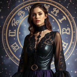 A stunning black and violet outfit made of luxurious leather and intricate lace, set against a celestial backdrop adorned with zodiac symbols