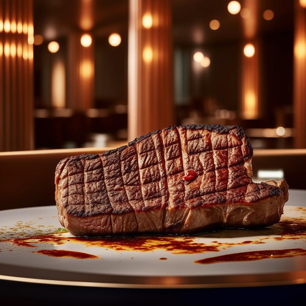 An aesthetically pleasing restaurant filled with modern, elegant decor, serving delicious T-bone steak on elegant plates, displayed prominently on tables with beautiful tablecloth and ambient lighting.