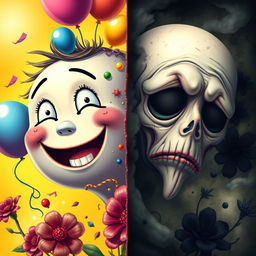 A juxtaposition of two faces: on one side, a cheerful and happy face with a wide smile, bright eyes radiating joy, and colorful embellishments like balloons and confetti around it