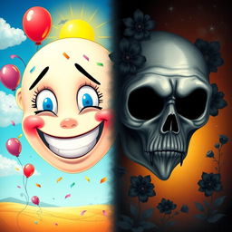 A juxtaposition of two faces: on one side, a cheerful and happy face with a wide smile, bright eyes radiating joy, and colorful embellishments like balloons and confetti around it