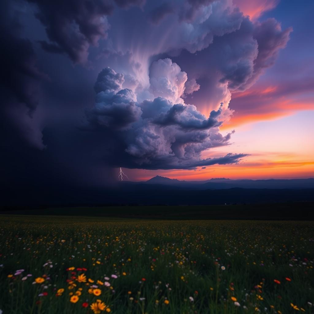 A dramatic scene featuring a dark, ominous cloud looming over a sprawling landscape