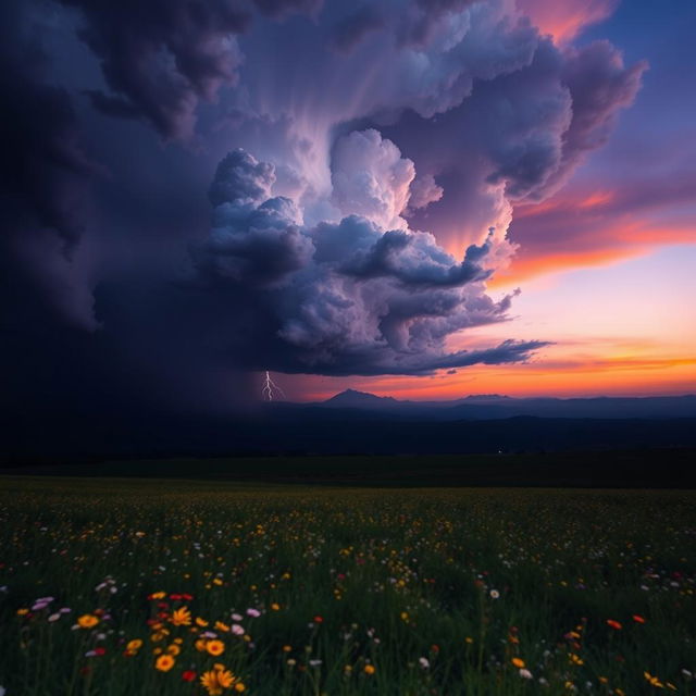 A dramatic scene featuring a dark, ominous cloud looming over a sprawling landscape