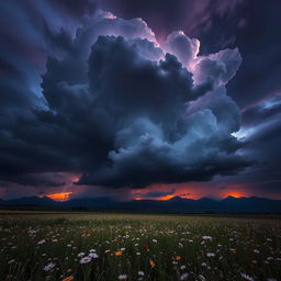 A dramatic scene featuring a dark, ominous cloud looming over a sprawling landscape