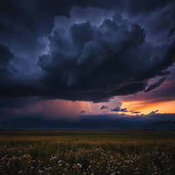 A dramatic scene featuring a dark, ominous cloud looming over a sprawling landscape
