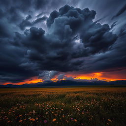 A dramatic scene featuring a dark, ominous cloud looming over a sprawling landscape