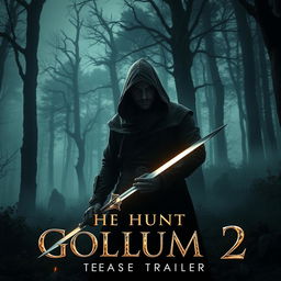 A dramatic teaser trailer scene for a fantasy film titled 'The Hunt for Gollum 2'