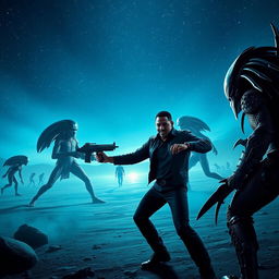 A dramatic scene depicting a cosmic battle between aliens and predators, featuring futuristic technology and intense action