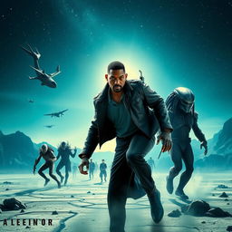 A dramatic scene depicting a cosmic battle between aliens and predators, featuring futuristic technology and intense action