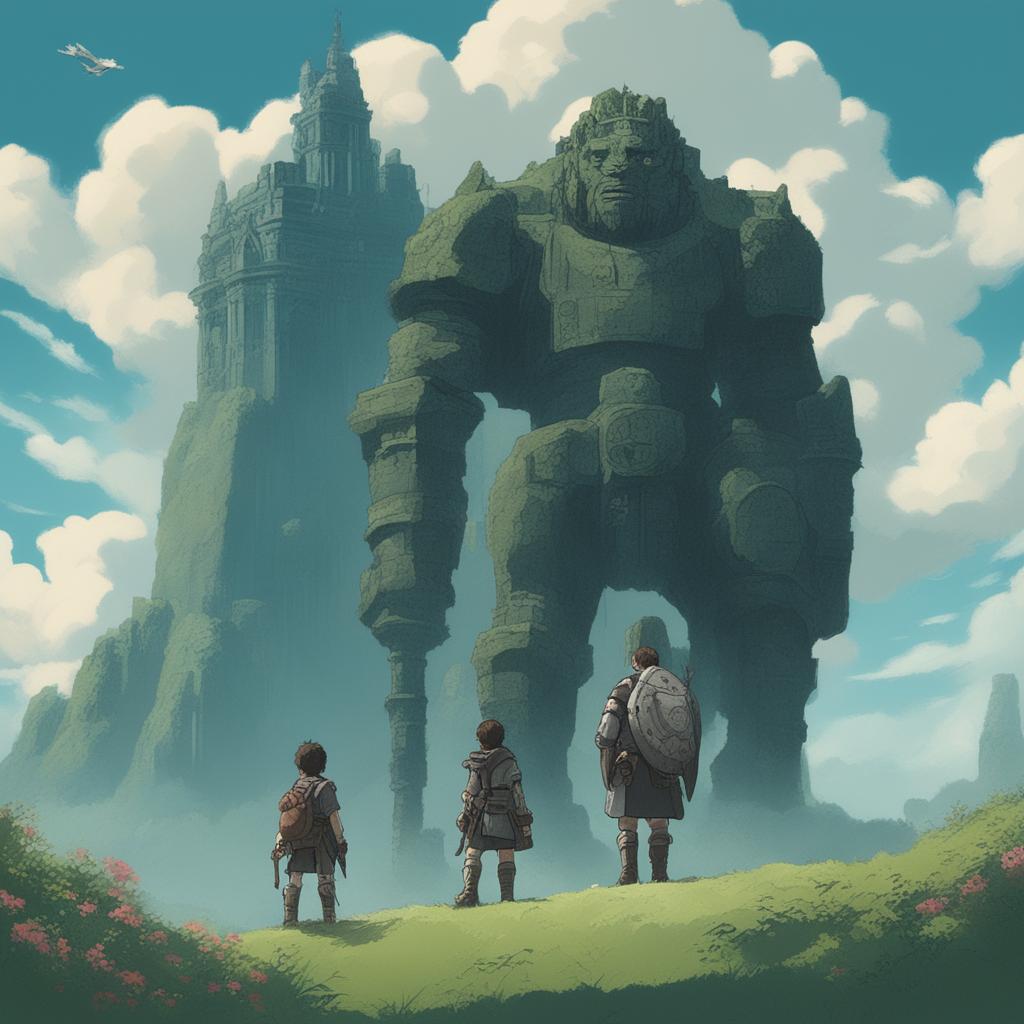 A digital art image combining 'Shadow of the Colossus' with Studio Ghibli's art style