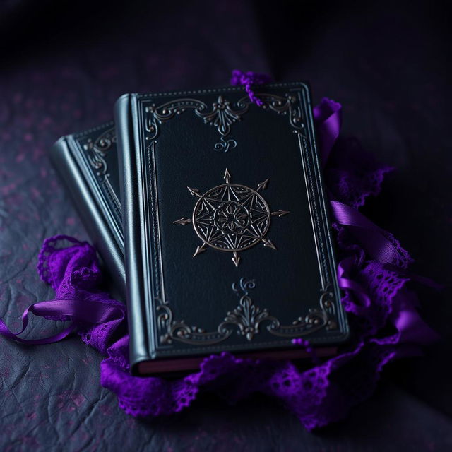 A captivating book cover design featuring a combination of luxurious materials such as leather and lace in a dominant color palette of black and deep violet