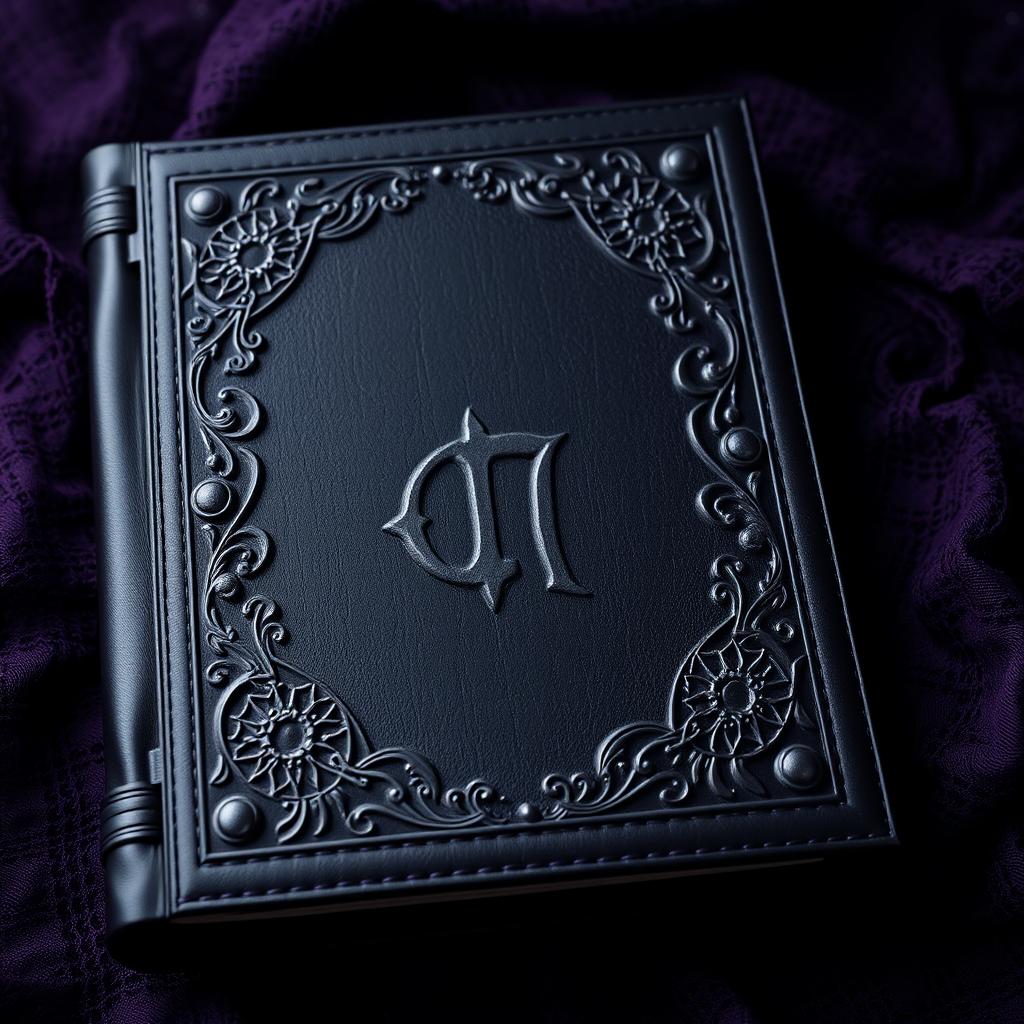 A captivating book cover design featuring a combination of luxurious materials such as leather and lace in a dominant color palette of black and deep violet