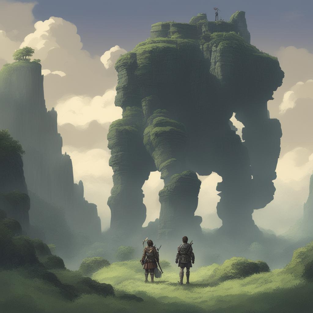 A digital art image combining 'Shadow of the Colossus' with Studio Ghibli's art style