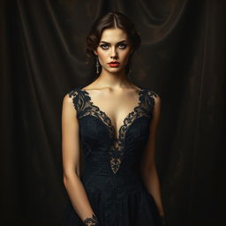 A modern interpretation of a mysterious and elegant woman, inspired by the aesthetics of early 20th-century portrait paintings