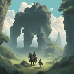 A digital art image combining 'Shadow of the Colossus' with Studio Ghibli's art style