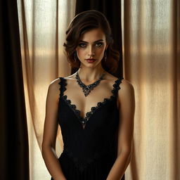 A modern interpretation of a mysterious and elegant woman, inspired by the aesthetics of early 20th-century portrait paintings