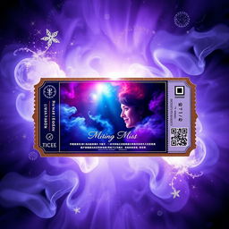A mystical and modern movie ticket layout, featuring a prominent picture of a vibrant film poster in the center