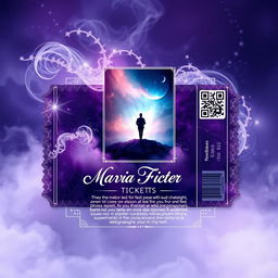 A mystical and modern movie ticket layout, featuring a prominent picture of a vibrant film poster in the center